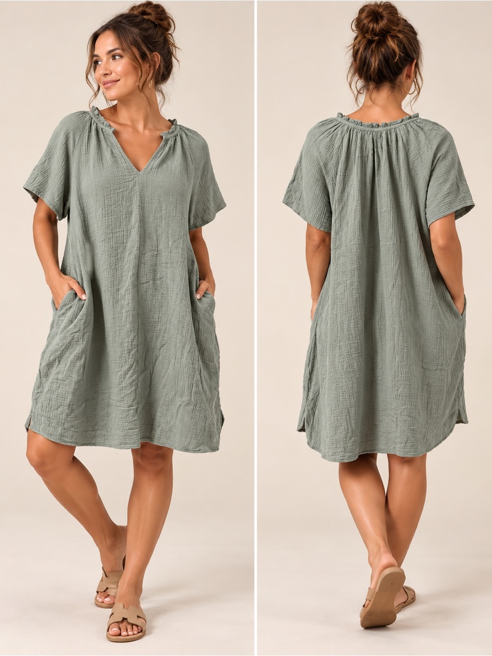 GAP Women’s XXL Sage Green Cotton Gauze Popover Mini Dress Short Sleeve Pockets
